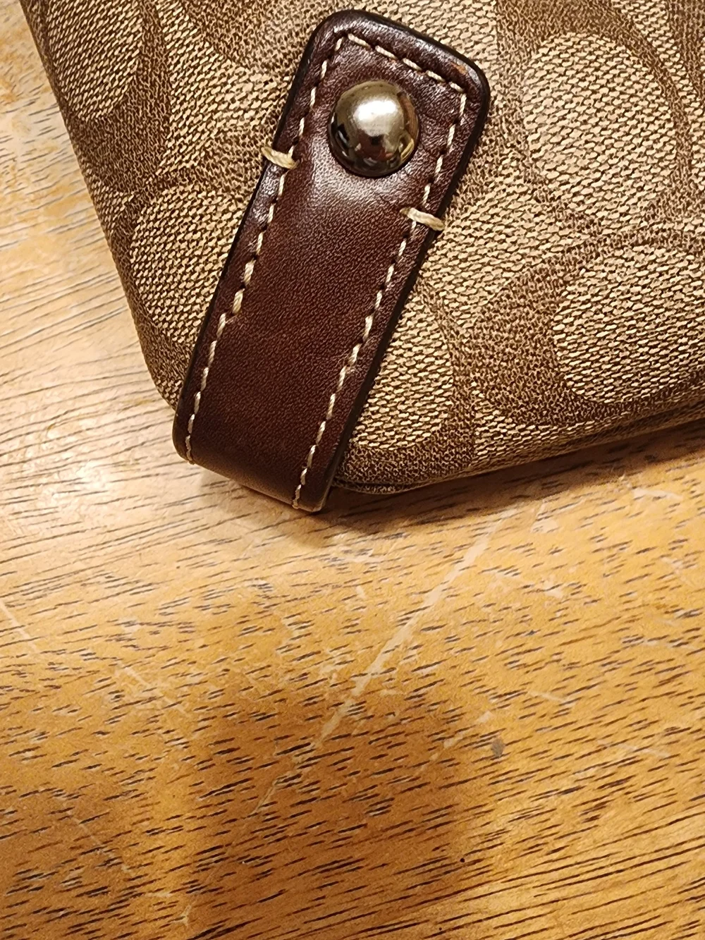 Coach Brown Signature Canvas Shoulder Bag with Dark Brown Trim